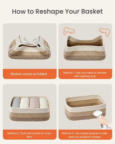 Miniatura 8 de Cesta tejida pequeña, 12 x 8 x 4.5 pulgadas, cesta de almacenamiento para organizar, bonita canasta de cuerda pequeña para estante de armario, cubos