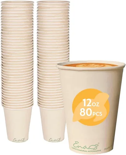 Tazas de café desechables 100% compostables (paquete de 80 unidades de 12 onzas), tazas de papel hechas de bambú, ecológicas, biodegradables de alta