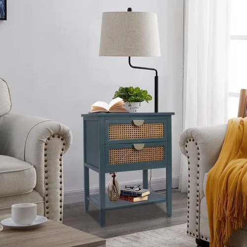 Miniatura 9 de Mesita de noche de ratán con 2 cajones con asas de metal para sala de estar, dormitorio, lugar pequeño, verde
