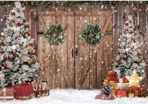 Telón de Fondo Fotográfico de Tela de Poliéster de 7x5 Pies de Puerta de Granero Rústico de Madera de Navidad de Invierno, Banner de Fondo de Nieve