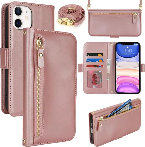 Miniatura 54 de Lipvina Funda tipo cartera para iPhone 12 Pro Max / 13 Pro Max para mujeres, bolsillo con cremallera, funda de teléfono de cuero PU con soporte