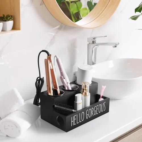 Miniatura 6 de Bivvclaz Organizador de Herramientas para el Cabello, Soporte de Secador de Pelo de Madera para Encimera, Organizador de Herramientas Calientes