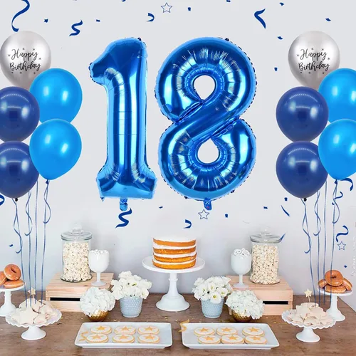 Miniatura 4 de Globos azules del número 18 de 40 pulgadas, globos de cumpleaños de 18 años, globos de látex azul claro y azul oscuro con impresión plateada