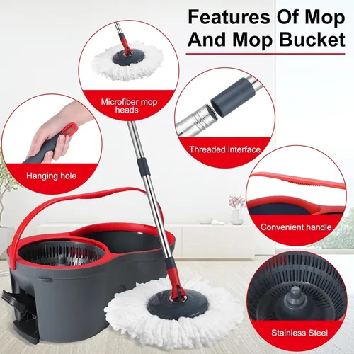 Miniatura 5 de Sistema de limpieza de trapeador giratorio de 360° y cubo, trapeador y cubo con escurridor para el hogar, mopa de polvo húmedo para limpieza