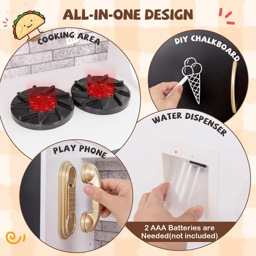 Miniatura 2 de HONEY JOY Juego de cocina para niños de 39 pulgadas, juego de cocina grande de madera con pizarrón, teléfono, utensilios, horno, microondas