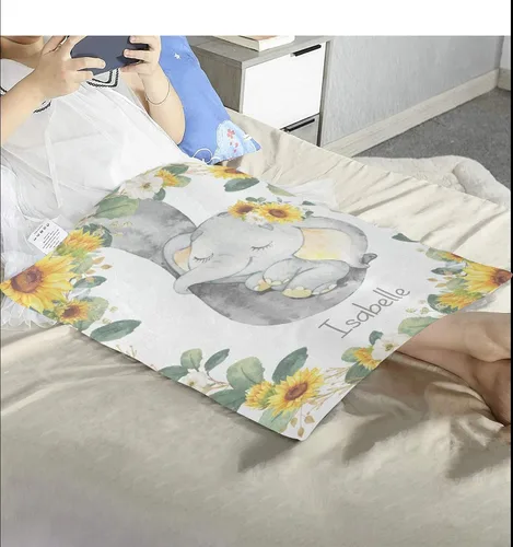 Miniatura 5 de Mantas de elefante de girasol para bebé niña con nombre personalizado personalizado para guardería, manta de forro polar súper suave para cumpleaños