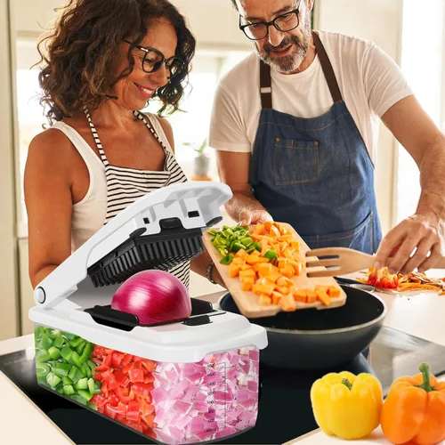 Miniatura 9 de Ourokhome Cortador de verduras con recipiente, cortador manual de cebolla con 2 cuchillas de cortar para tiras de papa, cubos de verduras, palitos