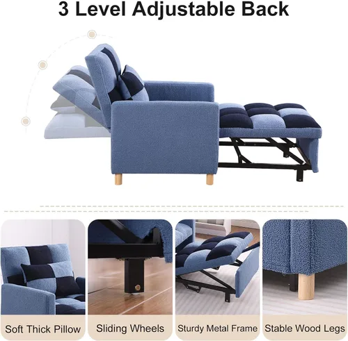Miniatura 5 de Sofá cama convertible 3 en 1, silla reclinable de tela de terciopelo para interiores con respaldo ajustable y almohada para adultos, sofá extraíble