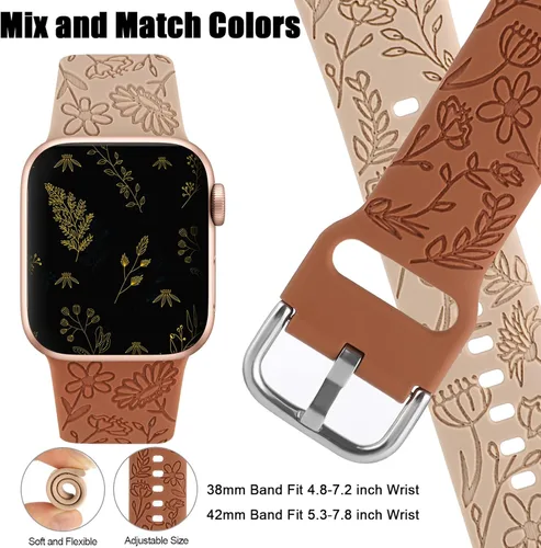 Miniatura 4 de Paquete de 2 correas deportivas grabadas con flores compatibles con correas de Apple Watch de 1.496 pulgadas, 1.575 pulgadas, 1.614 pulgadas, Nogal