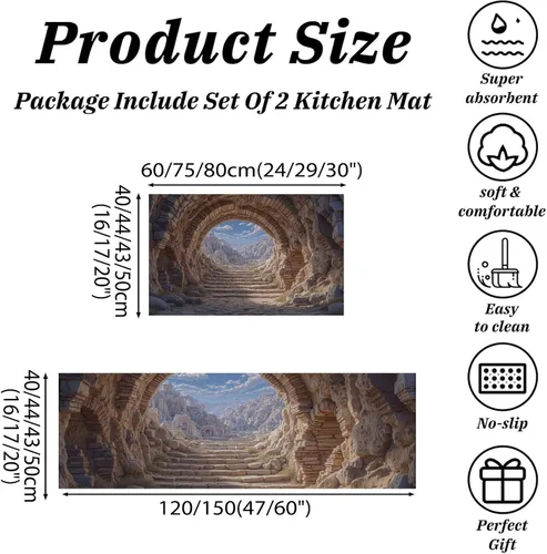 Miniatura 2 de 3D Rock Cave Kitchen Mats, Retro Architecture Kitchen Rugs Set of 2, Brown Washable Floor Carpet, Xmas Decor Mats for Hallways Bathroom Living Room