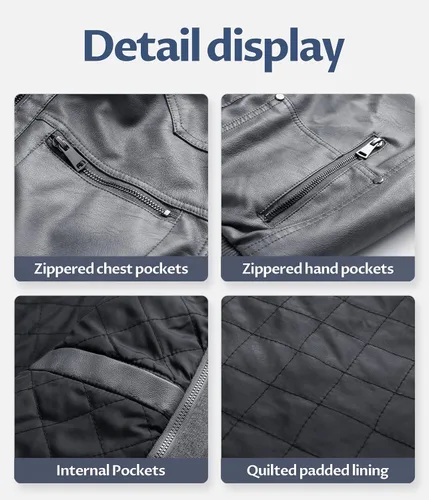 Miniatura 6 de CREATMO US Chaqueta de piel sintética para hombre, impermeable, resistente al viento, PU con capucha extraíble