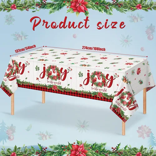 Miniatura 2 de 6 manteles de plástico de Navidad, manteles rectangulares desechables con guirnalda de acebos, manteles de Pascua de alegría al mundo y bayas
