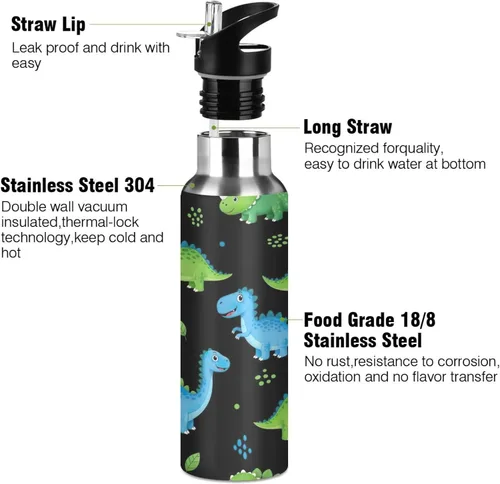 Miniatura 3 de Stainless Steel Vacuum Insulated Water Bottle 32 Oz, Leakproof Water Bottles for Gym Outdoor Travel School, Cartoon Dinosaurs Dot Black