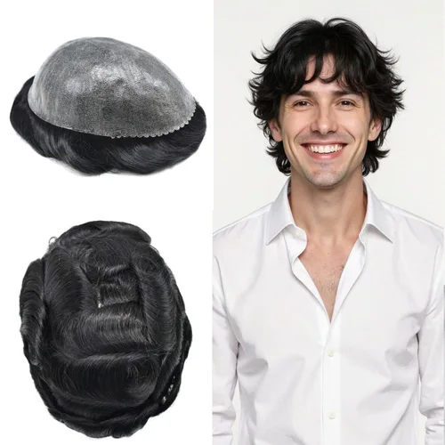 Toupee for Men Hair Piece Real Human Hair Full Poly Skin Mens Toupee Mens Hair System Injected PU Hair System Invisible Hairpiece for