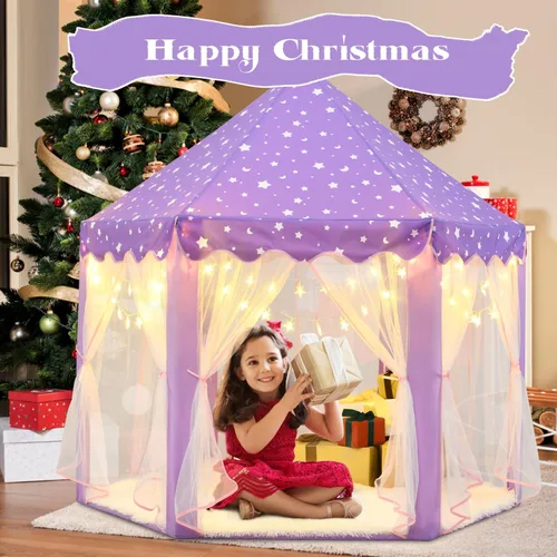 Miniatura 2 de Tienda de campaña de princesa púrpura para niñas, tienda de campaña para niños con luces LED de estrellas pequeñas, tienda de casa