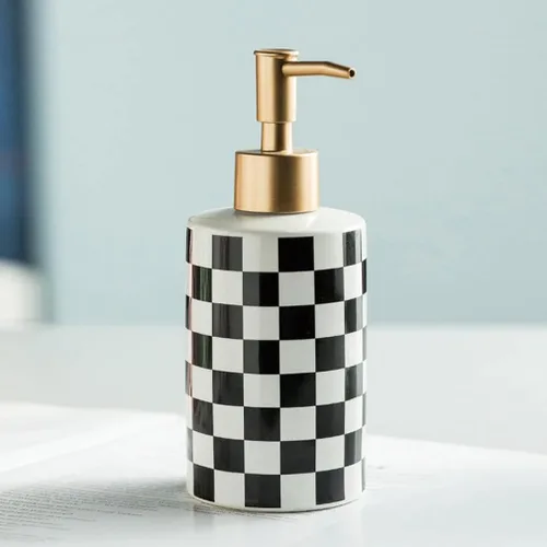 Miniatura 5 de Dispensador de jabón de cerámica a cuadros blanco y negro, plato de loción líquida, dispensador de jabón de tablero de ajedrez, botella con bomba