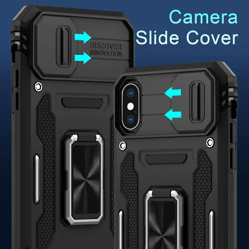 Miniatura 91 de DEERLAMN Funda para iPhone Xs Max con funda deslizante para cámara + protector de pantalla, soporte giratorio de anillo de grado militar a prueba