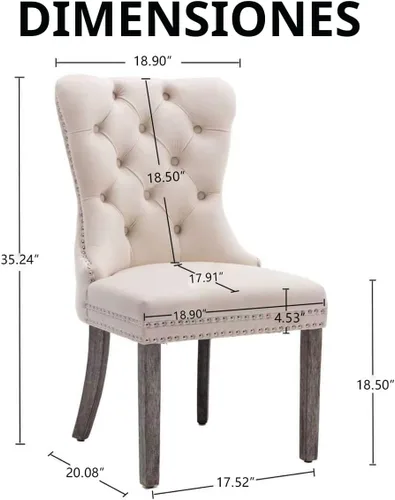 Miniatura 3 de KCC Nikki Collection - Juego de 4 sillas de comedor de terciopelo tapizadas de alta gama con anillo trasero de clavo, patas de madera maciza