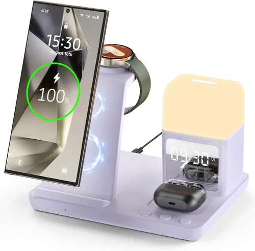 Miniatura 9 de Cargador inalámbrico para Samsung/Android, 6 en 1, estación de carga para teléfono con despertador/luz nocturna para Samsung S25/S24/S23
