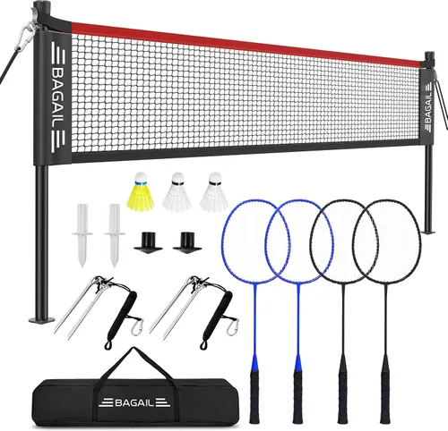 BAGAIL Juego de red de bádminton para exteriores con sistema de cabrestante anti-hundimiento, tamaño oficial de 20 pies x 5 pies, 4 raquetas, 3