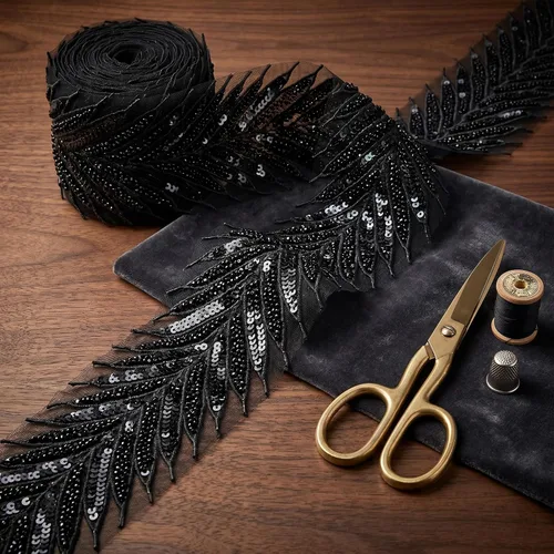 Miniatura 8 de Cinta de encaje con cuentas de encaje negro apliques de lentejuelas encaje de malla de flecha de encaje para coser, decoración de ropa