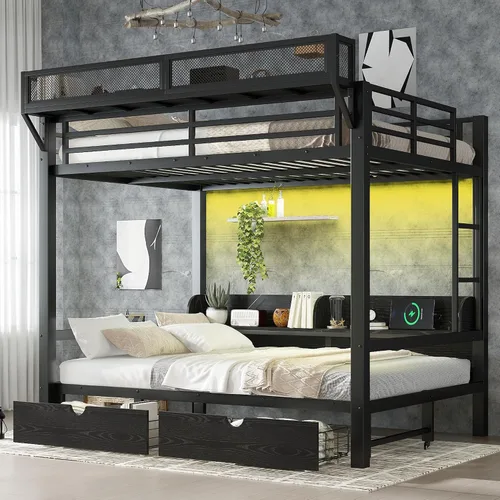 Litera de metal de tamaño matrimonial con cajones y estantes de almacenamiento, literas resistentes con luces LED y estación de carga para niños,