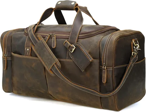 Polare - Bolsa de lona de cuero de grano completo para hombre, de 24 pulgadas, para viajes, gimnasio, deportes, fin de semana, grande, Marrón, Retro
