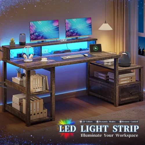 Miniatura 5 de EnHomee - Escritorio de oficina en casa de 60.4 pulgadas con toma de corriente y estante para impresora, escritorio de computadora con luz LED