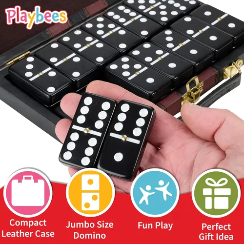 Miniatura 4 de Playbees Juego de Dominó Jumbo Doble Seis - 28 Fichas Clásicas Negras en Estuche de Cuero Sintético - Divertido Juguete Educativo para Niños, Niñas