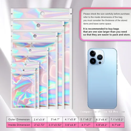 Miniatura 3 de Paquete de 100 bolsas de Mylar con ventana transparente, holográficas, a prueba de olores, para pequeñas empresas, bolsas resellables