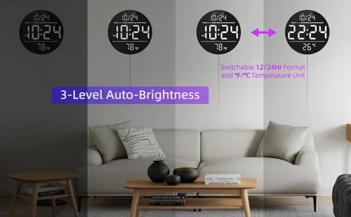 Miniatura 5 de Reloj de pared digital con gran pantalla LED, fecha, temperatura, brillo automático Pequeño reloj [ENCHUFE] Reloj de pared eléctrico moderno