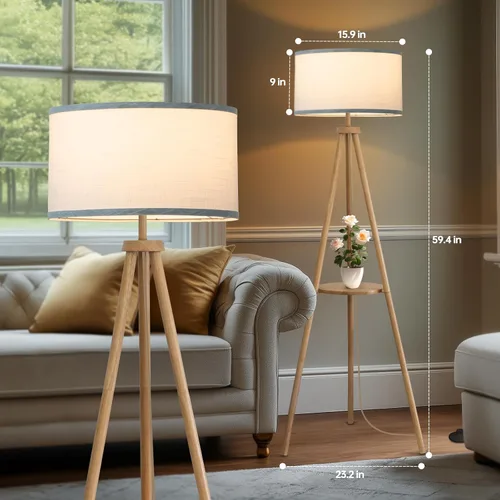 Miniatura 2 de EOEYYOYB Lámpara de pie con 3 modos de luz ajustables: lámpara de pie con trípode de madera, moderna lámpara de pie LED con brillo regulable