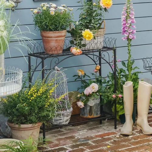 Miniatura 4 de Estante largo negro de doble capa, soporte de metal estilo patio francés para plantas altas en maceta, soporte resistente para macetas interiores