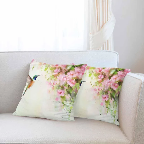Miniatura 2 de Fundas de almohada de colibrí volador y flores rosadas, pintura al óleo, 18 x 18 pulgadas, fundas de almohada decorativas para sofá, dormitorio