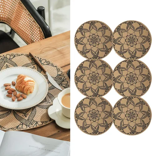 Juego de 6 manteles individuales redondos de PVC bohemios para mesa de comedor, mandala, lavables, resistentes al calor, manteles individuales de