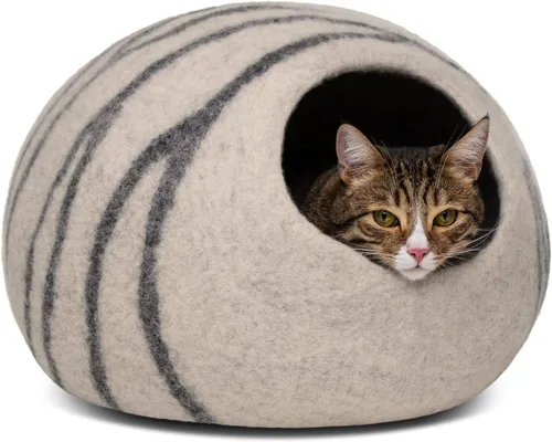 Miniatura 10 de MEOWFIA Cueva para gatos – Cama de fieltro premium para gatos de interior, hecha a mano 100% lana de merino, gato (Beige, Grande)
