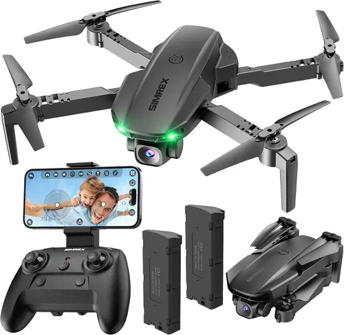 SIMREX Dron con cámara para niños principiantes y adultos – Cuadricóptero RC plegable con retención de altitud, posicionamiento de flujo óptico,