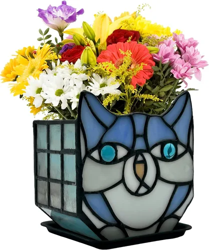 Miniatura 15 de Macetas Tiffany Lindas con Gatos de Vidrio Manchado, Para Plantas de Interior y Exterior, Maceta de Plantas con Gato Negro, Portavelas Contenedor