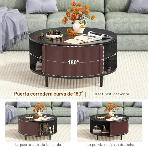 Miniatura 6 de Mesa auxiliar redonda, mesa central acanalada de 31.5 pulgadas con almacenamiento, mesa de centro elevable con almohadillas ajustables, puerta Negro