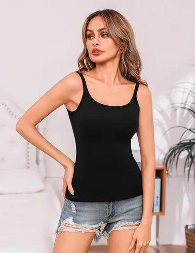 Miniatura 3 de Totatuit Paquete de 3 camisolas acanaladas con cuello cuadrado para entrenamiento, básicas, ajustadas, informales, para mujer