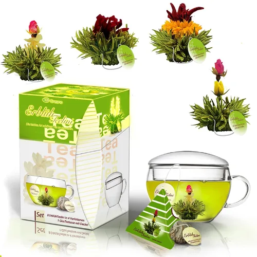Creano Set de regalo de té floreciente con taza de té de cristal 7oz y 8 flores de té en taza - Té verde - Regalo para mujeres, madres, amantes del