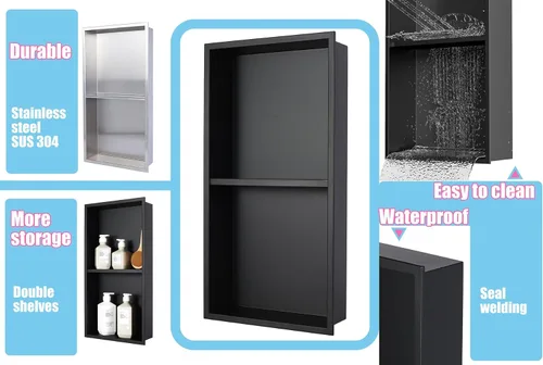 Miniatura 7 de Nicho de ducha empotrado de 24 x 12 pulgadas con estantes dobles, inserto de pared de acero inoxidable negro mate, no necesita azulejos
