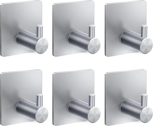 xdgeLoad Ganchos adhesivos para toallas de baño, ganchos de toalla adhesivos plateados resistentes, paquete de 6 para colgar, baño, cocina, bata,