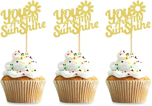 24 adornos dorados con purpurina para cupcakes con texto en inglés "You are My Sunshine", para baby shower, baby shower, revelación de género para