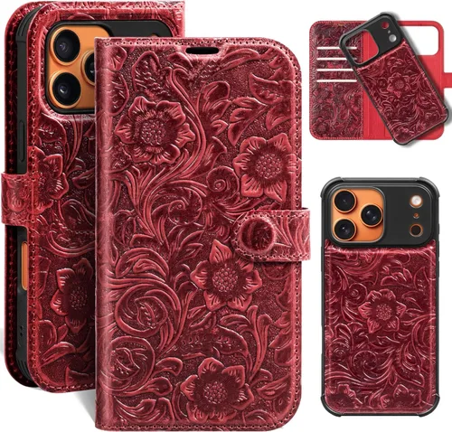 Miniatura 52 de Funda de cuero compatible con iPhone 16 Pro Max Cartera 6.9", cuero genuino 2 en 1, magnética, desmontable, a prueba de golpes, funda tipo folio
