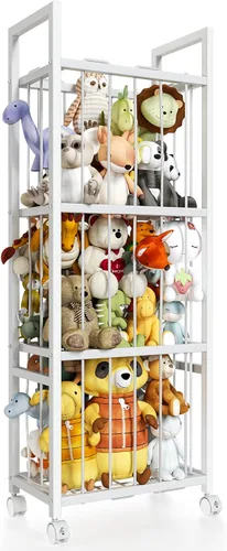 Almacenamiento de animales de peluche, soporte de metal para animales de peluche con ruedas y cordones elásticos, organizador de juguetes para Blanco