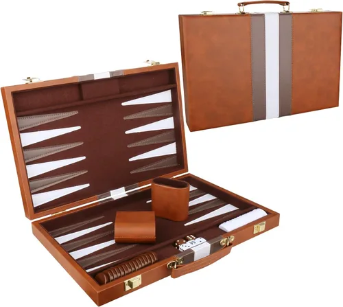 Miniatura 14 de Juego de Backgammon - Juego de mesa clásico con funda de cuero de primera calidad - Juego de estrategia de viaje portátil de backgammon para adultos