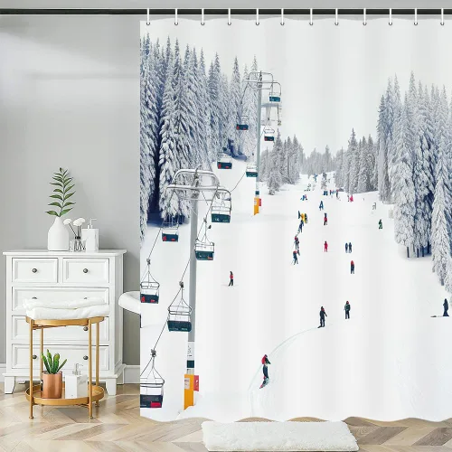 Miniatura 4 de NYMB Cortina de ducha deportiva, para invierno, vacaciones, viajes, nieve, esquí, teleférico, tela de poliéster, para baño, juego de accesorios