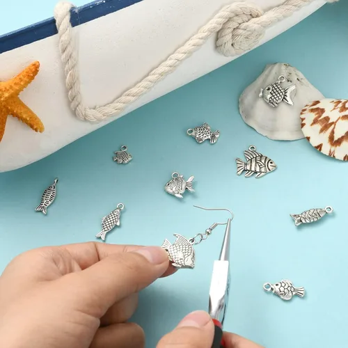 Miniatura 5 de LiQunSweet 100 piezas de 10 estilos antiguos de vida oceánica, dijes de peces de animales marinos para manualidades, collares, pulseras