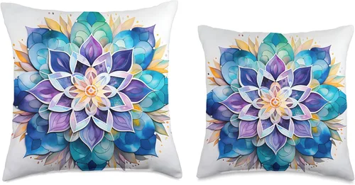 Miniatura 3 de Meditation Mosaics Almohada colorida con diseño de acuarela azul y mandala, 16 x 16, multicolor